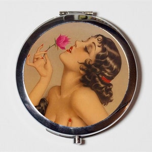 Flapper With Rose Compact Mirror - Art Deco Illustration 1920's Jazz Age Roaring 20s - Make Up Pocket Mirror for Cosmetics