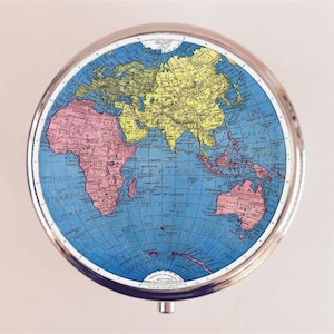 World Map Pill Box Case Pillbox Holder Trinket Vintage Geography Globe Earth