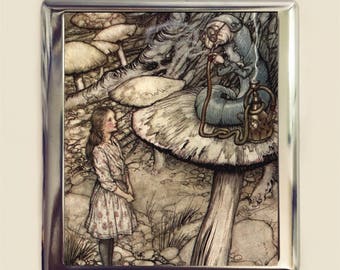 Alice in Wonderland Cigarette Case Business Card ID Holder Wallet Caterpillar Arthur Rackham Vintage Illustration Lewis Carroll