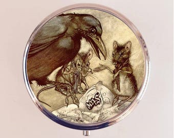 Arthur Rackham Crow Pill Box Case Pillbox Holder Trinket Mouse Rat Black Bird Storybook