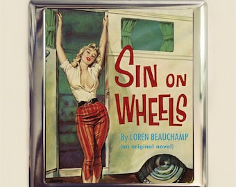 Sin on Wheels Cigarette Case Business Card ID Holder Wallet Pulp Traiiler Park Pin Up Girl Pinup Retro Paperback Art