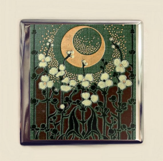 Art Nouveau Moon Cigarette Case Business Card ID Holder Wallet Deco Floral Celestial