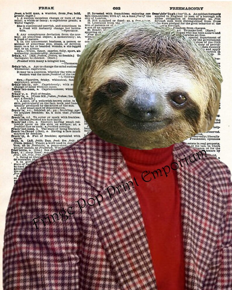 Sloth Man Art Print 8 x 10 on Dictionary Page Adorable Etsy
