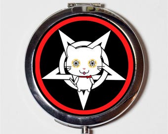 Pentagram Kitty Cat Compact Mirror - Kawaii Occult Magick Red  - Make Up Pocket Mirror for Cosmetics