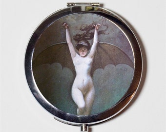 Abert Penot Bat Lady Compact Mirror - Goth Victorian Macabre Dark Art Woman - Make Up Pocket Mirror for Cosmetics