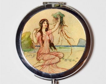 Warwick Goble Jellyfish Compact Mirror - Beach Illustration Nautical Fantasy - Make Up Pocket Mirror for Cosmetics