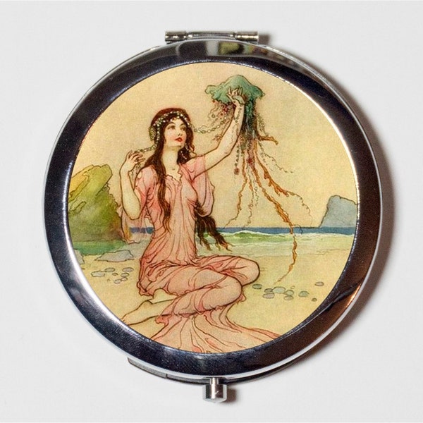 Warwick Goble Jellyfish Compact Mirror - Beach Illustration Nautical Fantasy - Make Up Pocket Mirror for Cosmetics