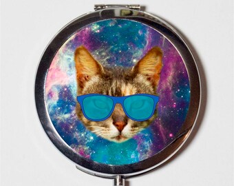 Outerspace Cat Compact Mirror - Universe Animal Pop Art Eye Glasses - Make Up Pocket Mirror for Cosmetics