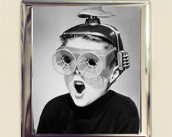 Retro Space Boy Cigarette Case Business Card ID Holder Wallet 1950's Kitsch Sci Fi Glasses