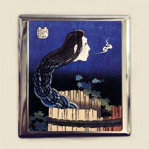 Estuche para cigarrillos japonés con diseño de fantasmas en madera, tarjetero, billetera, arte asiático, serpiente Yurei-zu japonesa