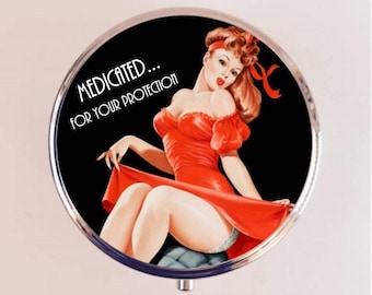 Medicated for Your Protection Pill Box Case Pillbox Holder Trinket Pin Up Retro Funny Humor Pinup Pulp