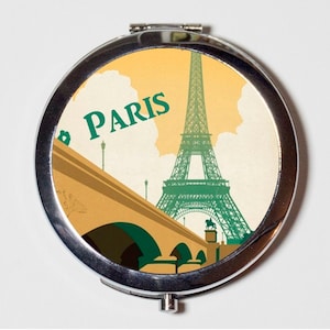 Paris Eiffel Tower Compact Mirror - French Travel Poster France Parisian - Make Up Pocket Mirror for Cosmetics