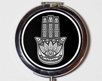 Hamsa Compact Mirror - Spiritual New Age Protection Amulet Metaphysical Eye Trippy Psychedelic - Make Up Pocket Mirror for Cosmetics