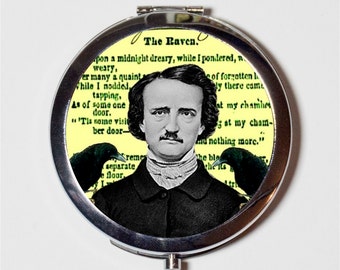 Edgar Allan Poe Compact Mirror - Raven Poem Collage Literary Literature Goth Author The Raven - Make Up Pocket Mirror for Cosmetics