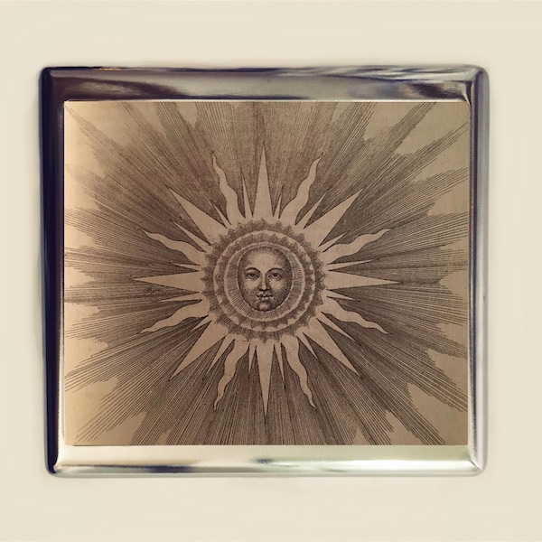 Estuche para cigarrillos con diseño de sol místico, tarjetero de visita, billetera oculta, ocultismo, astrología esotérica, astronomía