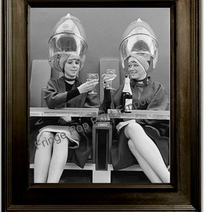 Hairdresser Art Print 8 x 10 - Retro Kitsch 1950&#39;s Women at Hair Salon Driking Wine - Beautician - Stylist