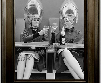 Hairdresser Art Print 8 x 10 - Retro Kitsch 1950&#39;s Women at Hair Salon Driking Wine - Beautician - Stylist