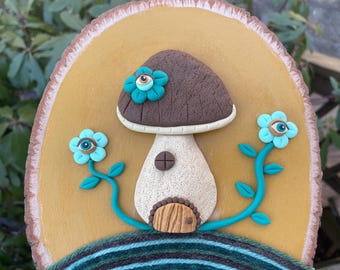 Trippy Mushroom House Wood Slice Artwork Clay and Yarn Painting