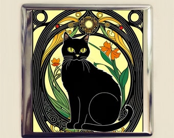 Art Nouveau Black Cat Cigarette Case Business Card ID Holder Wallet Deco Artwork