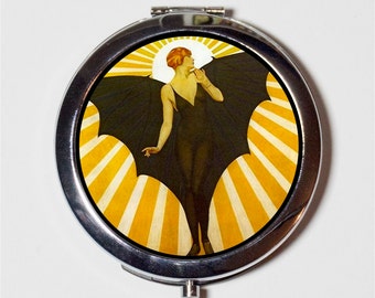 Art Deco Bat Lady Compact Mirror - Goth Roaring 1920s Jazz Age - Make Up Pocket Mirror for Cosmetics