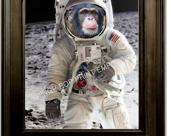 Space Monkey Art Print 8 x 10 - Chimp on the Moon - Chimpanzee Astronaut - Altered Art Collage - Pop Art - Anthropomorphic