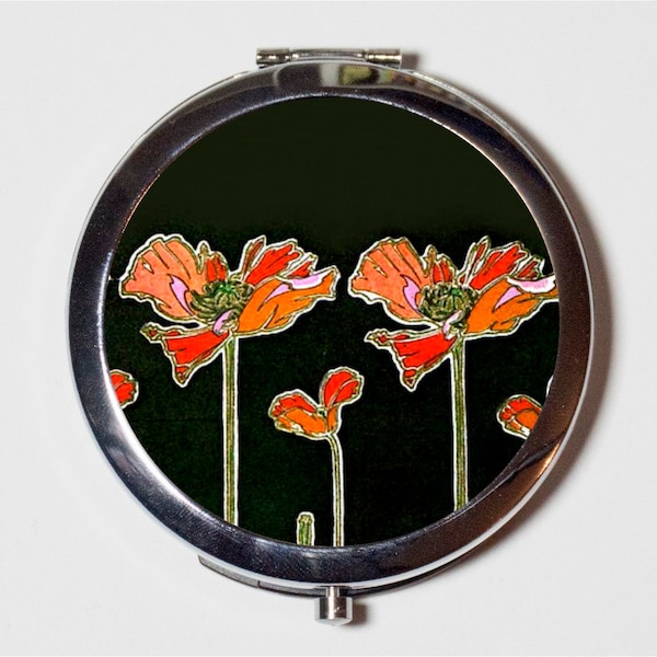 Miroir compact Art nouveau avec des coquelicots - Fleurs art déco florales des années 1920 - Miroir de poche pour produits de beauté