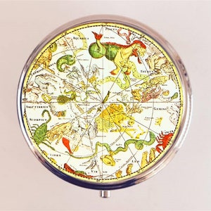 Antique Zodiac Pill Box Case Pillbox Holder Trinket Astrology Astrological Occult Three