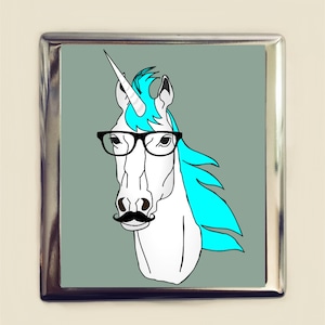 Unicorn Nerd Cigarette Case Business Card ID Holder Wallet Hipster Mustache Anthropomorphic Animal Pop Art Nerds