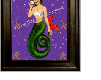 Brunette Pin Up Mermaid Art Print 8 x 10 - Pinup Rockabilly - Retro 50s Kitsch - on Purple with Bubbles