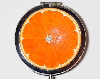 Orange Slice Compact Mirror - Pop Art Fruit Kitsch - Make Up Pocket Mirror for Cosmetics