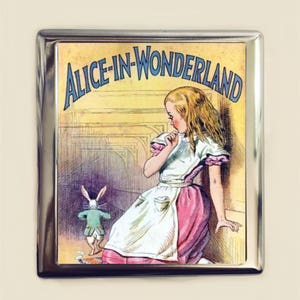 Alice in Wonderland Cigarette Case Business Card ID Holder Wallet White Rabbit Vintage Illustration Lewis Carroll