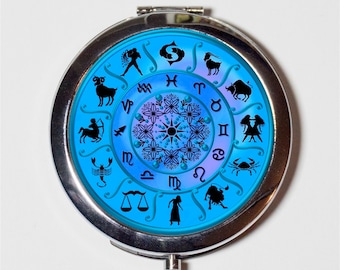 Blue Zodiac Compact Mirror - Occult Celestial Astrology - Make Up Pocket Mirror for Cosmetics