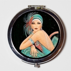 Art Deco Flapper Compact Mirror Green Dress 1920's Jazz Age Roaring 20s Portrait Elegant Make Up Pocket Mirror for Cosmetics image 1