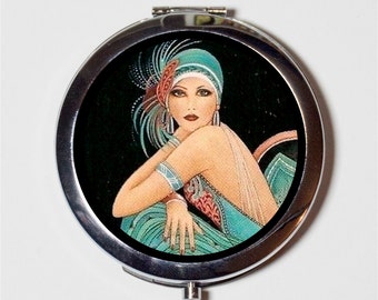 Art Deco Flapper Compact Mirror - Green Dress 1920's Jazz Age Roaring 20s Portrait Elegant - Make Up Pocket Mirror for Cosmetics