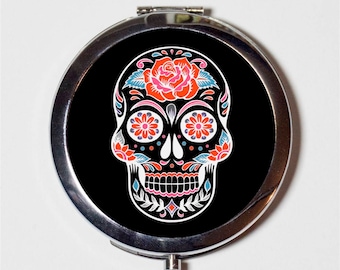 Sugar Skull Compact Mirror - Day of the Dead Dia De Los Muertes Mexican Holiday - Make Up Pocket Mirror for Cosmetics