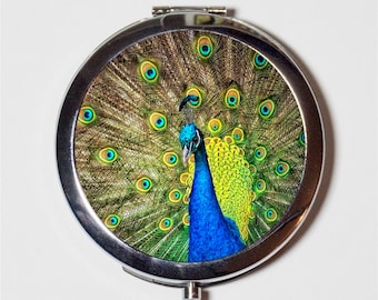 Peacock Compact Mirror - Beautiful Bird with Feathers - Make Up Pocket Mirror for Cosmetics