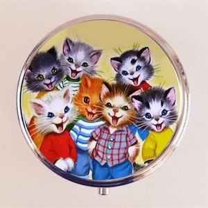 Retro Cat Pill Box Case Pillbox Holder Trinket Box Kawaii 1950's Kitsch Kittens