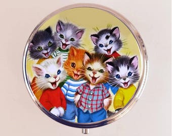 Retro Cat Pill Box Case Pillbox Holder Trinket Box Kawaii 1950's Kitsch Kittens