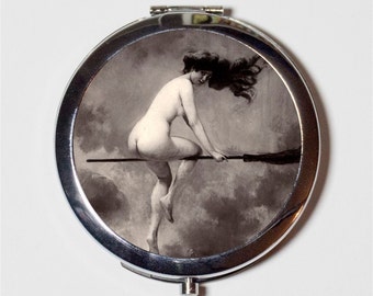 Abert Penot Witch Compact Mirror - Goth Victorian Macabre Dark Art Woman on Broom Halloween - Make Up Pocket Mirror for Cosmetics