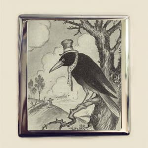 Cuervo con sombrero Estuche para cigarrillos Tarjetero para tarjetas de visita Arte animal Pájaro negro Mirlo Caprichoso Antropomórfico