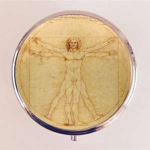 Vitruvian Man Pill Box Case Pillbox Holder Trinket Leonard Da Vinci Sacred Geometry Fine Art