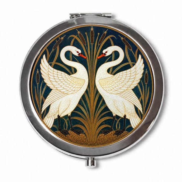 Art Nouveau Swan Compact Mirror - Bird Pattern - Make Up Pocket Mirror for Cosmetics