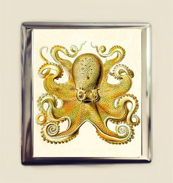 Haeckel Octopus Cigarette Case Business Card ID Holder Wallet Victorian  Steampunk Nautical Antique Litho