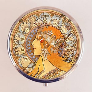 Alphonse Mucha Pill Box Case Pillbox Holder Trinket Zodiac Art Nouveau Astrology