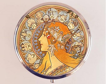 Alphonse Mucha Pill Box Case Pillbox Holder Trinket Zodiac Art Nouveau Astrology