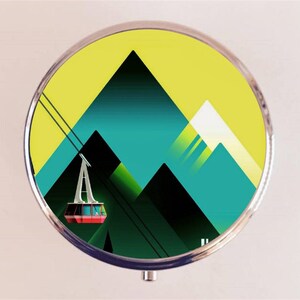 Mountain Skiing Pill Box Case Pillbox Holder Trinket Art Deco Travel Poster Ski Lift Travel Landscape