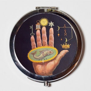 Mystical Occult Hand Compact Mirror - Astrology Zodiac - Make Up Pocket Mirror for Cosmetics