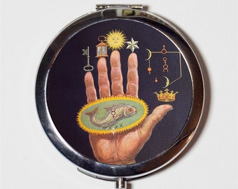 Mystical Occult Hand Compact Mirror - Astrology Zodiac - Make Up Pocket Mirror for Cosmetics