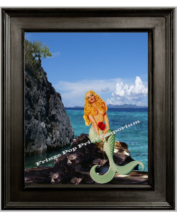 Mermaid on Rock With Rose Art Print 8 x 10 - Pin Up Siren of the Sea