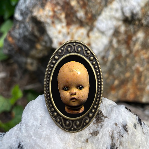 Victorian Doll Antiqued Bronze Adjustable Ring Creepy Spooky Halloween Goth Brass